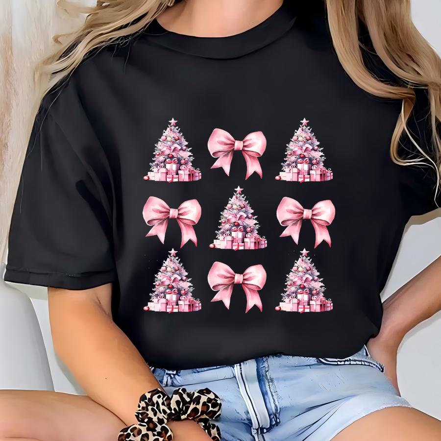 Coquette Bow Christmas Sweatshirt, Christmas Tree Shirt, Christmas Sweatshirt, Girly Christmas Sweater, Coquette Bow Sweater T-shirt
