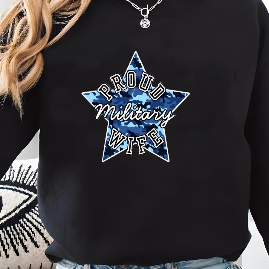 Navy Wife Blue Camo Star Tee, Patriotic T-shirt, Unisex Casual Shirt For Wife, Veteran Support Apparel, Military Gift, Navy Seal Sweatshirt