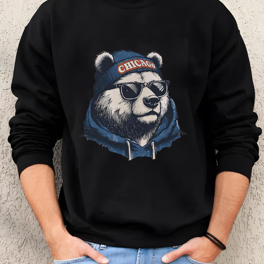 Chicago Bear Wearing Beanie And Sunglasses Shirt, Chicago Football Tee, Vintage Bear Game Day Shirt, Football Mascot Bear Tee Sweatshirt