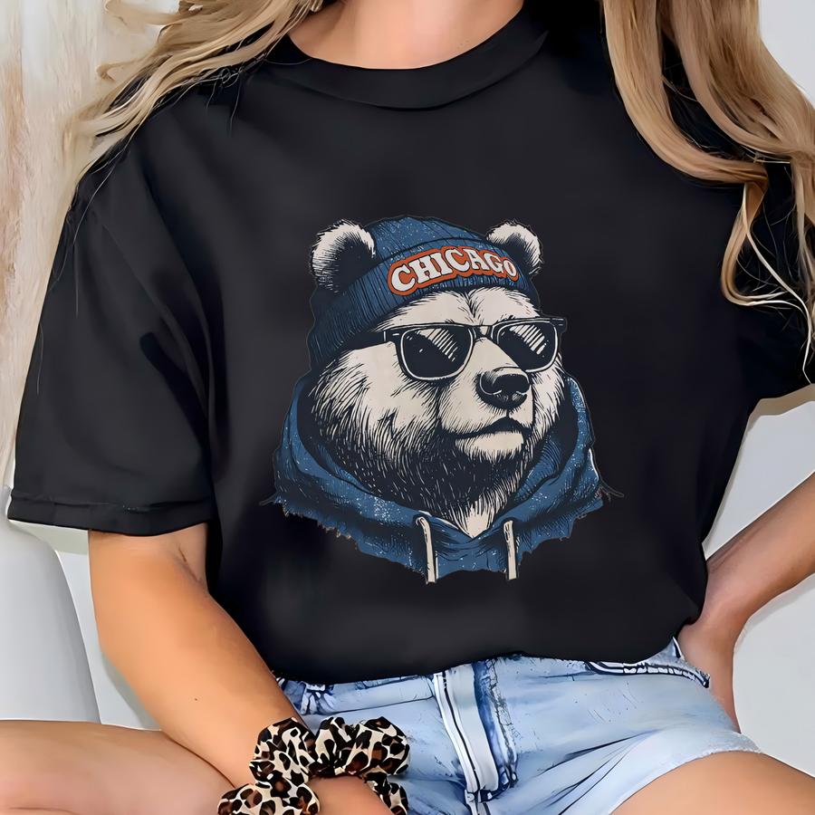 Chicago Bear Wearing Beanie And Sunglasses Shirt, Chicago Football Tee, Vintage Bear Game Day Shirt, Football Mascot Bear Tee T-shirt