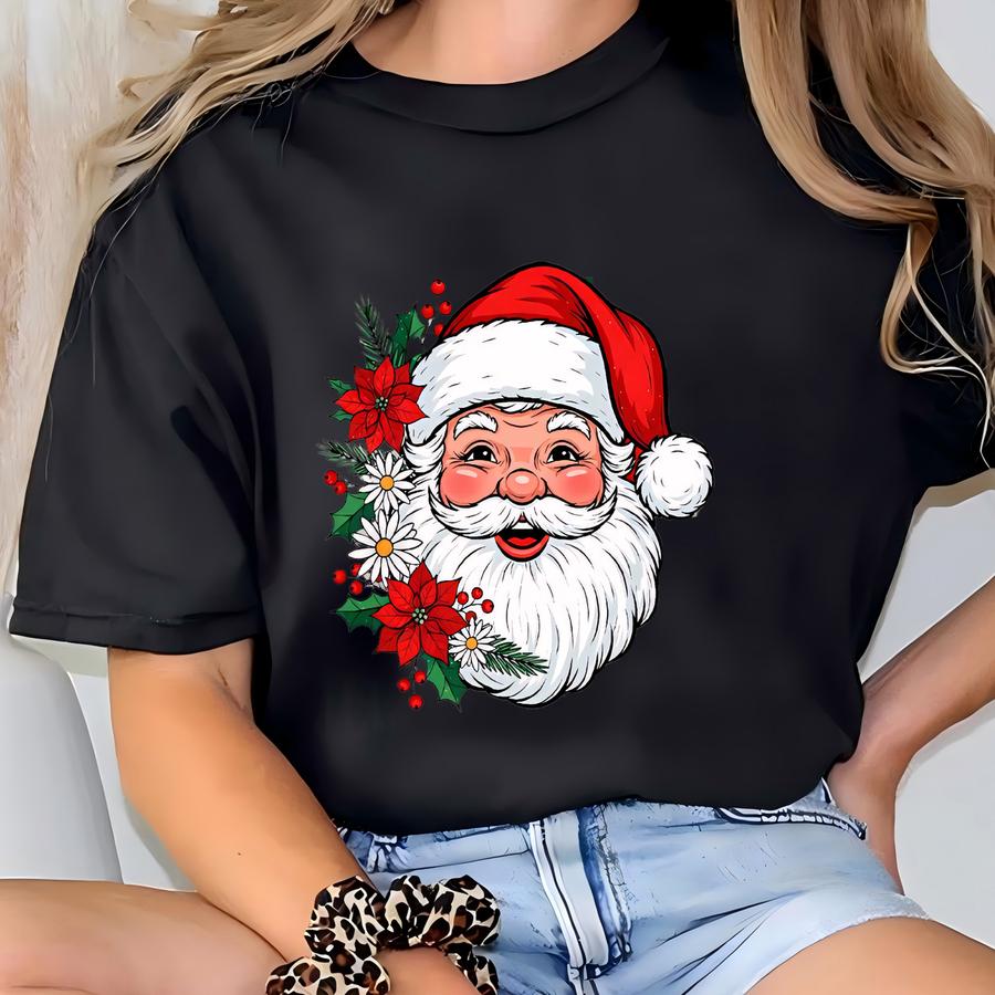 Ceckered Santa Claus Shirt, Floral Santa Claus Tee, Retro Christmas Shirt, Merry Christmas Tee, Checkered Christmas Tee T-shirt