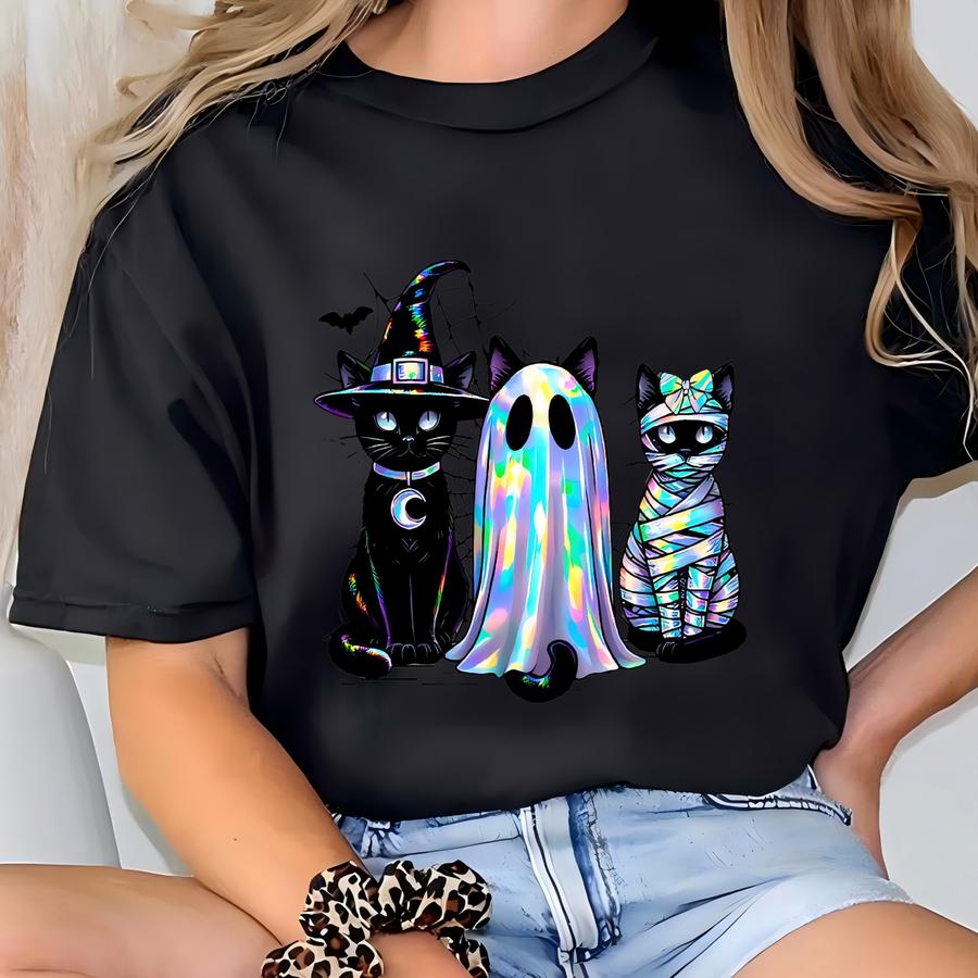 Neon Cat Ghost Halloween Sweathirt, Spooky Season Kitty Sweater, Cat Mom Lover Gift, Trick Or Treating Apparel, Fall Ghosts Kitties Crewneck T-shirt