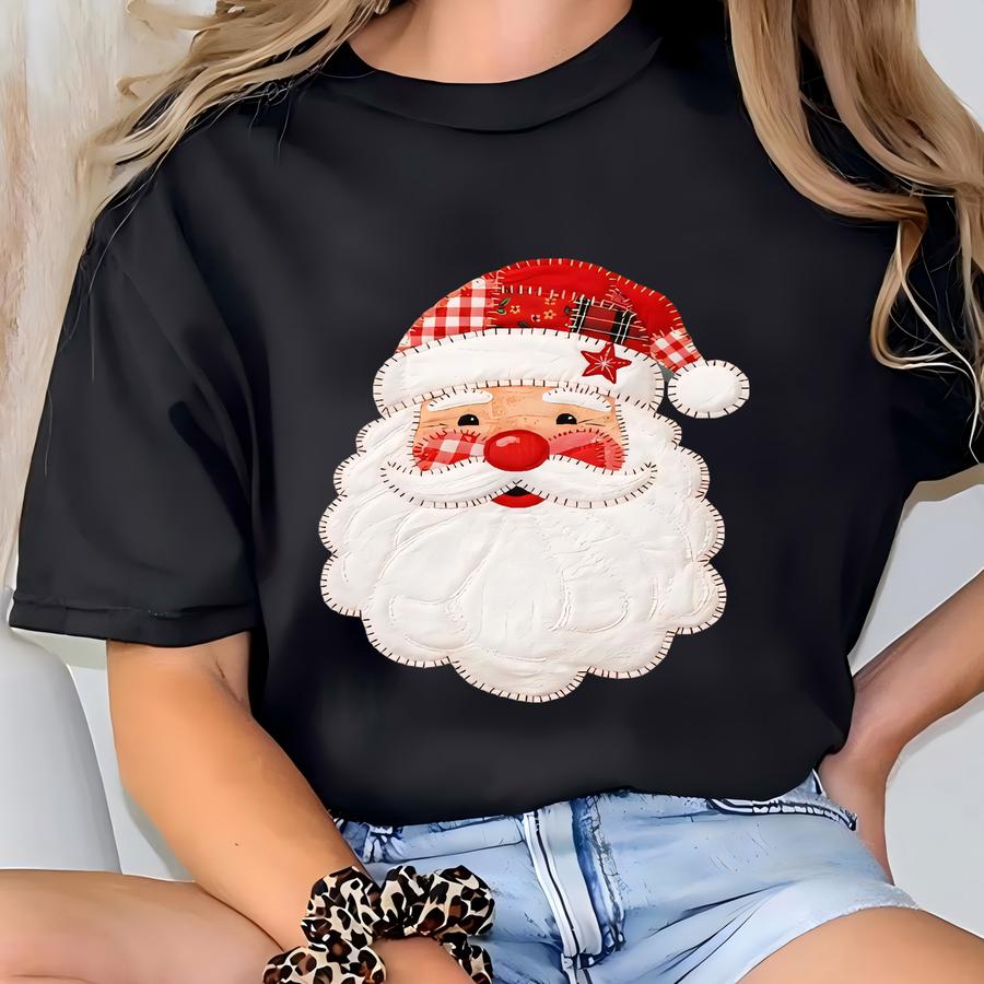 Patchwork Santa Shirt, Retro Santa Sweatshirt, Retro Christmas Santa Tee, Holiday Clothing Women, Cute Santa Claus Xmas Tee, Funny Santa Tee T-shirt