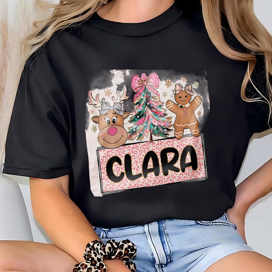 Custom Christmas Tee, Personalized Name Reindeer Santa Gingerbread Xmas Canvas, Holiday Gift For Kids, Christmas Goodies T-shirt