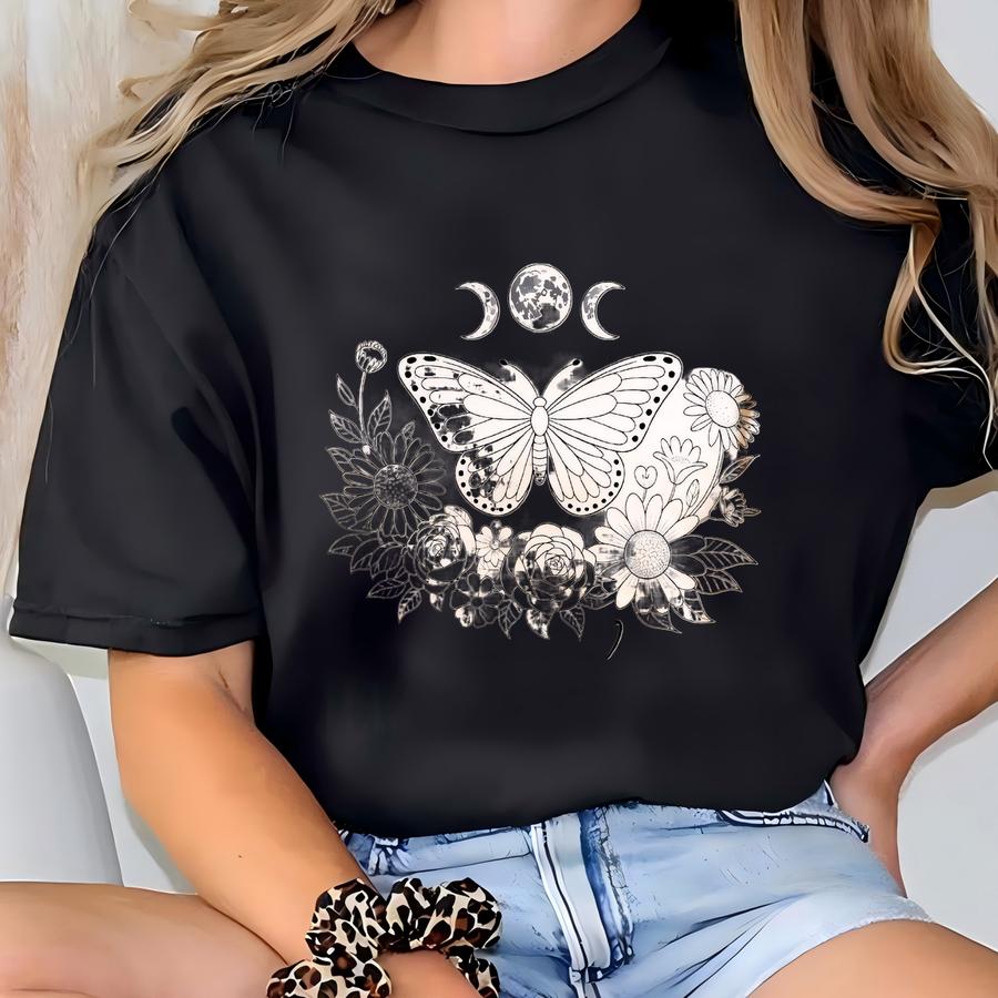 Embrace Change Butterfly Shirt, Moon Phase Floral Tee, Positive Vibes Gift, Nature Lover Apparel, Inspirational Quote Top, Boho Style Shirt T-shirt