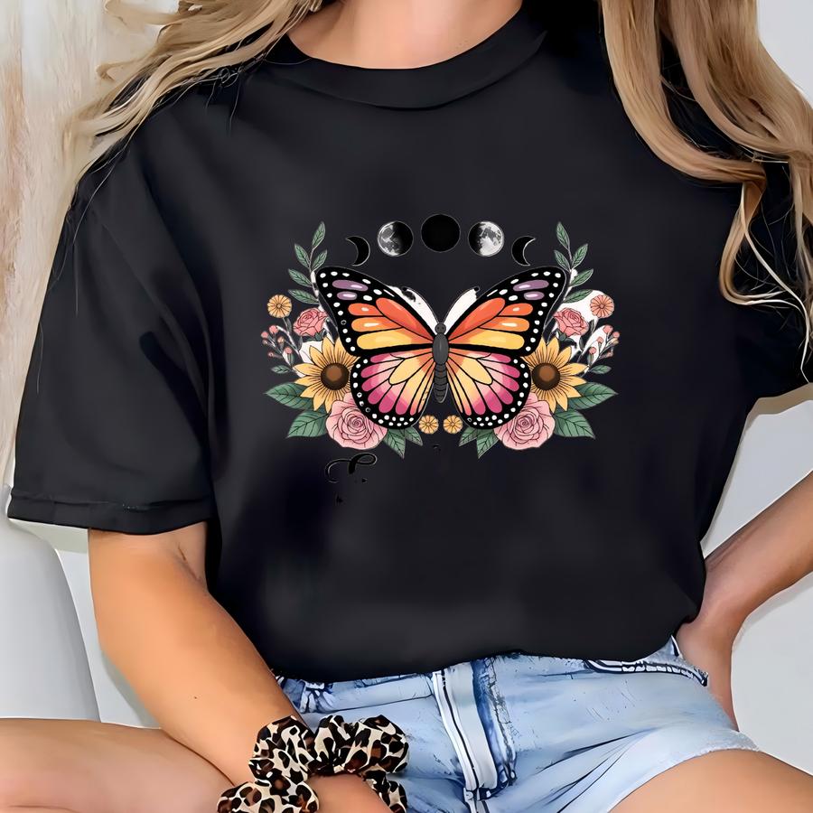 Embrace Change Butterfly Shirt, Moon Phase Floral Tee, Positive Vibes Hoodie, Inspirational Saying Top, Nature Lover Gift T-shirt
