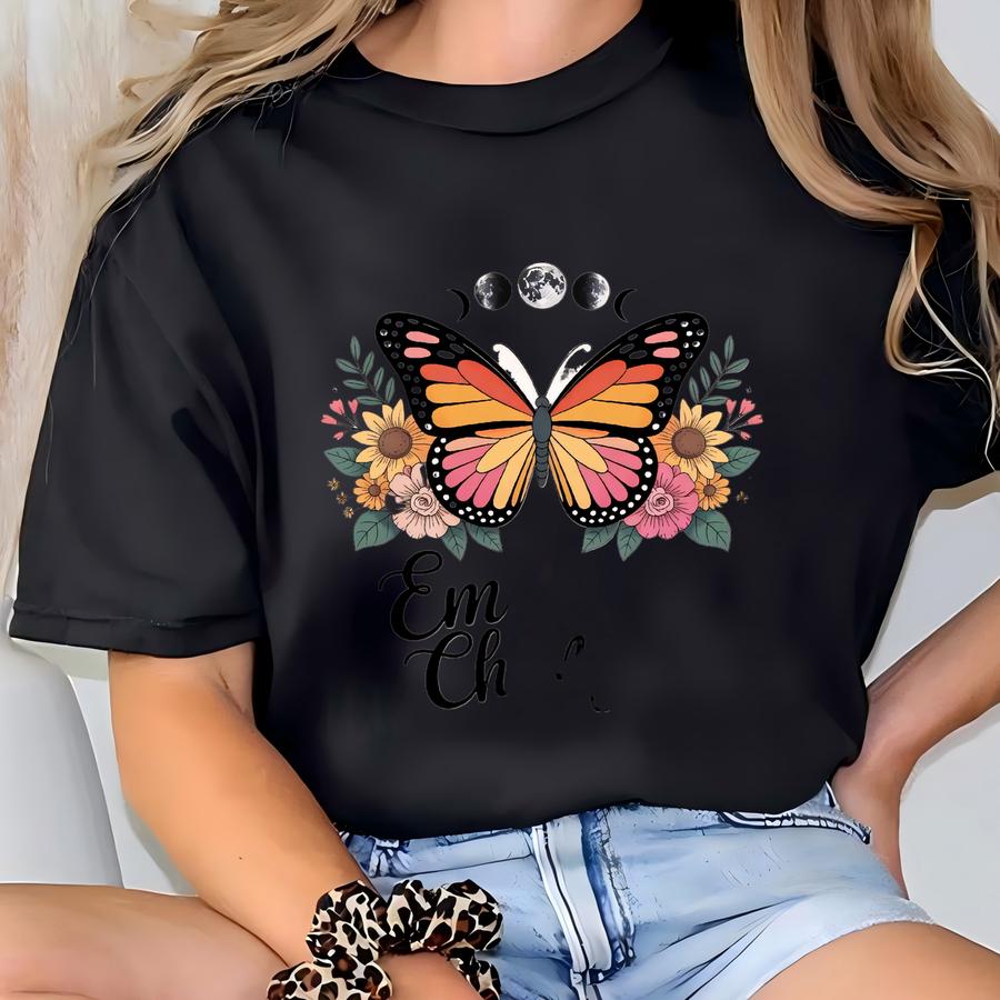 Embrace Change Butterfly Shirt, Moon Phase Floral Tee, Positive Affirmation Gift, Boho Nature Lover Top, Inspirational Saying Apparel T-shirt
