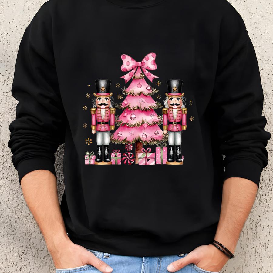Pink Christmas Nutcracker Shirt, Holiday Tree Tee, Christmas Party Outfit, Festive Season Top, Xmas Gift For Women, Winter Holiday Apparel Sweatshirt