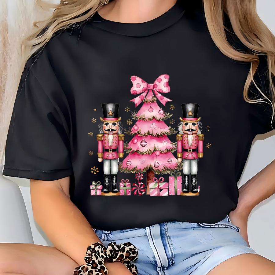 Pink Christmas Nutcracker Shirt, Holiday Tree Tee, Christmas Party Outfit, Festive Season Top, Xmas Gift For Women, Winter Holiday Apparel T-shirt