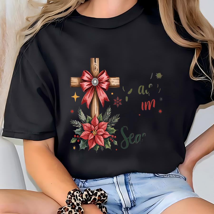 Praise Him Shirt, Christian Christmas Shirt, Religious Holiday Apparel, Faith Based Tee, Scripture Verse Top, Poinsettia Cross Shirt T-shirt
