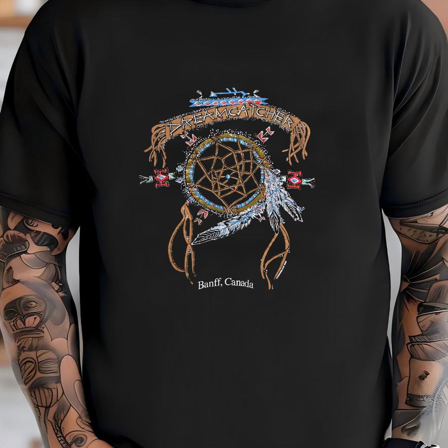 Vintage 1998 Dreamcatcher Hoodie Size Xl Banff Canada Souvenir Tee Diamond Dust Native American Art Glitter Print Puffy Feathers Indigenous T-shirt