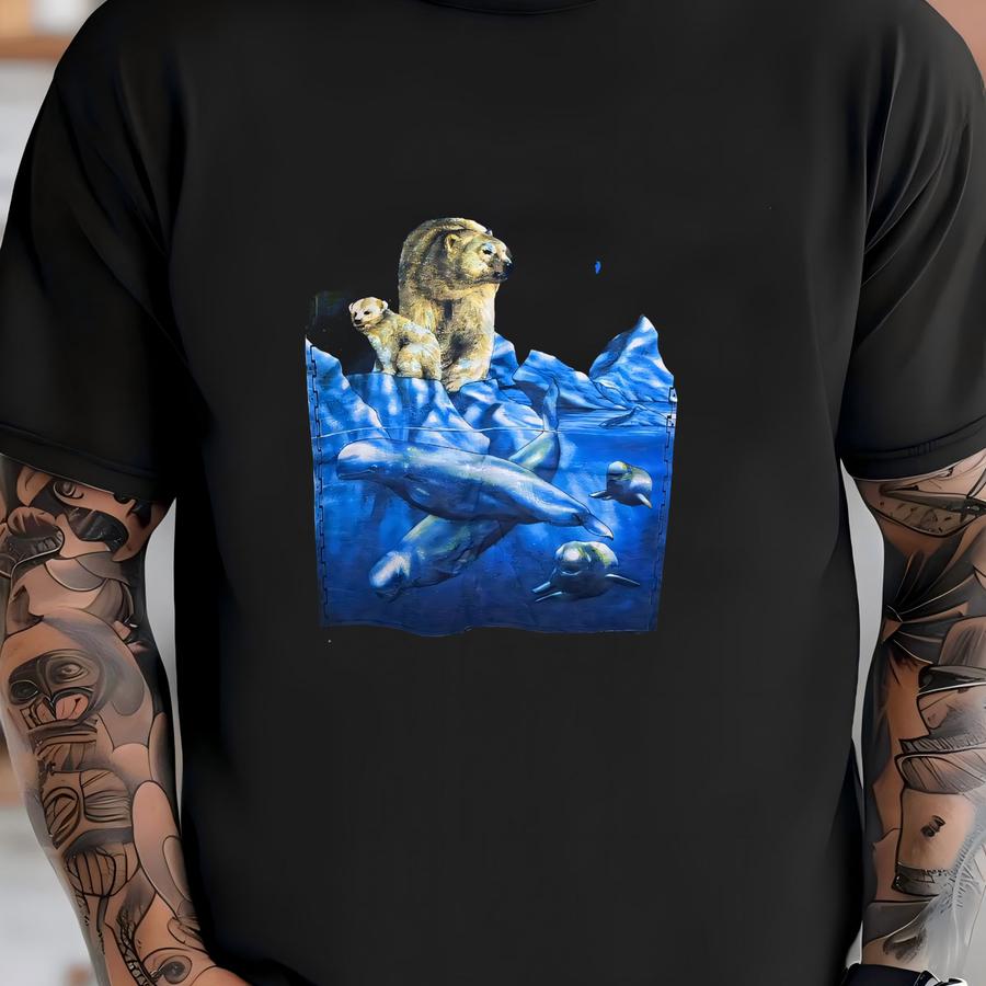 Vintage 90s Wild Arctic Sea World Hoodie Size L Polar Bear Beluga Whale Aurora Borealis Northern Lights Animal Art Tee Marine Life Souvenir T-shirt