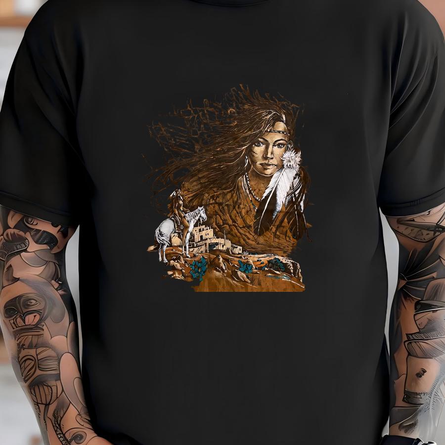 Vintage 90s Native American Art Hoodie Size Xl All Over Print Ragtops Sportswear Indigenous Woman Southwestern Spirit Feather Horse Rider T-shirt