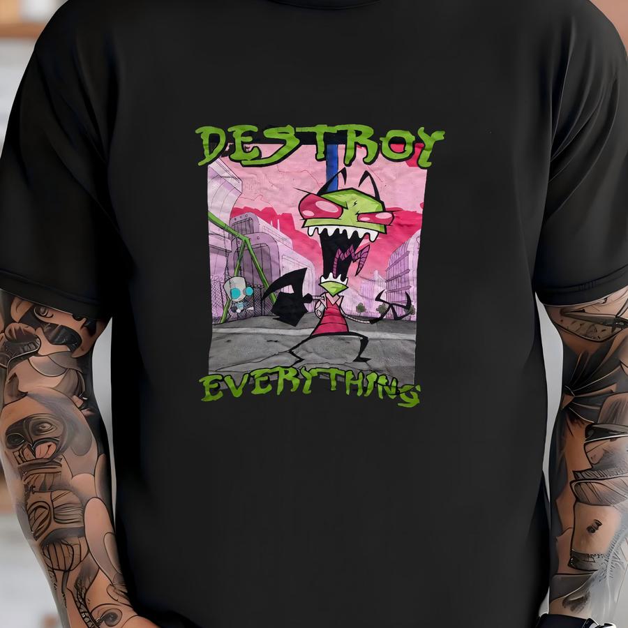 Vintage 2000s Invader Zim Hoodie Size S Destroy Everything Nickelodeon Cartoon Promo Tee Animated Series Jhonen Vasquez Gir Alien Sci Fi T-shirt