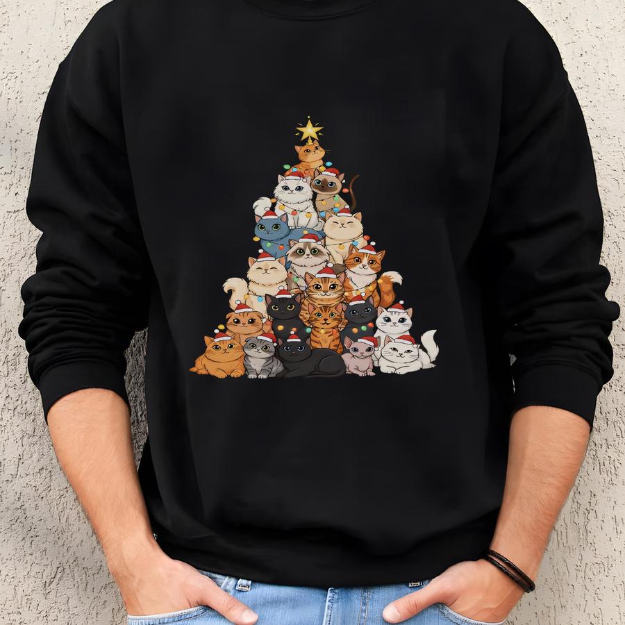 Christmas Cats Tree Sweatshirt, Xmas Cat Mom Gift Shirt, Funny Christmas Gift, Xmas Lights Cat Hoodie, Cute Matching Family Xmas Hoodie Sweatshirt
