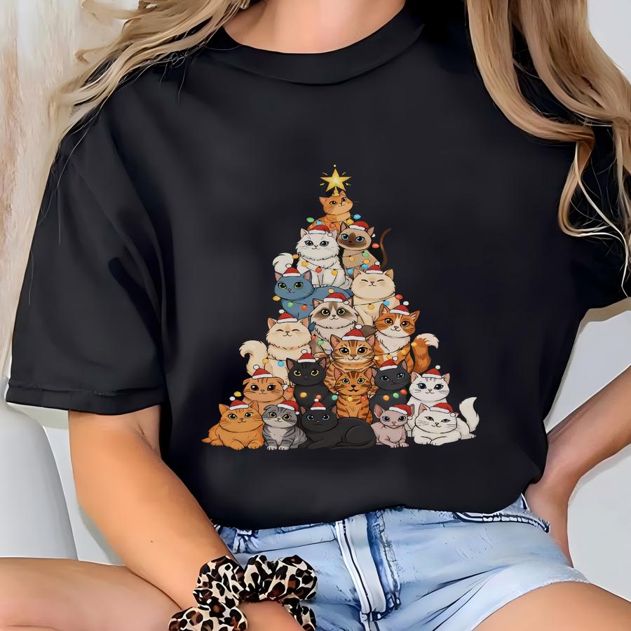 Christmas Cats Tree Sweatshirt, Xmas Cat Mom Gift Shirt, Funny Christmas Gift, Xmas Lights Cat Hoodie, Cute Matching Family Xmas Hoodie T-shirt