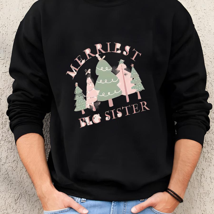 Merriest Big Brother Little Sister Christmas Shirt Custom Xmas Sibling Sweatshirt Big Sibling Pregnancy Reveal Tee Holiday Shirt Blue Pink Sweatshirt