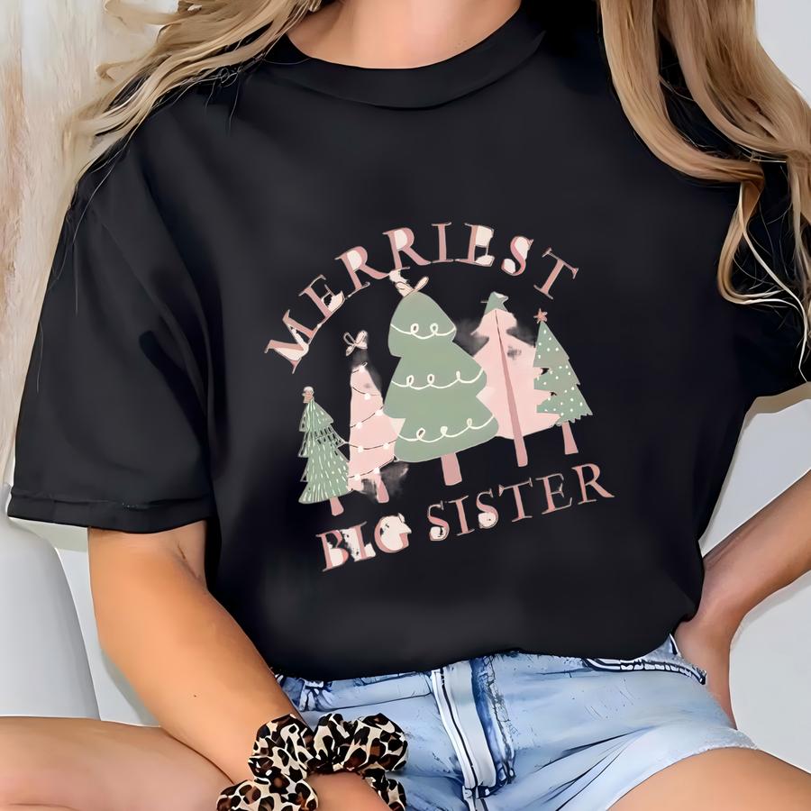 Merriest Big Brother Little Sister Christmas Shirt Custom Xmas Sibling Sweatshirt Big Sibling Pregnancy Reveal Tee Holiday Shirt Blue Pink T-shirt