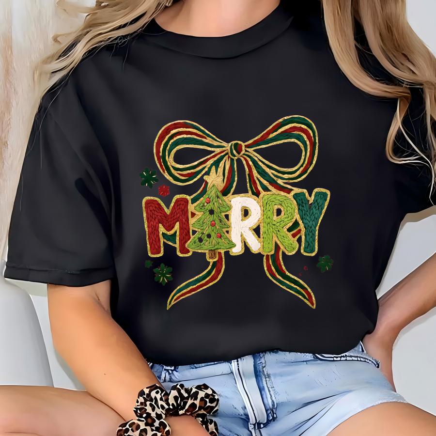 Coquette Merry Christmas Sweatshirt, Faux Yarn Bow Y Style Christmas Shirt, Cute Holiday Crewneck, Festive Coquette Christmas Gift T-shirt