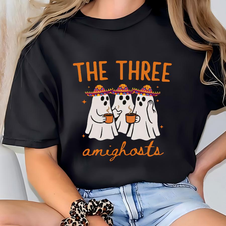 The Three Amighosts Sweatshirt Funny Halloween Ghost Crewneck Mexican Fiesta Costume Top Spooky Cute Sombrero Shirt Spooky Three Amighosts T-shirt