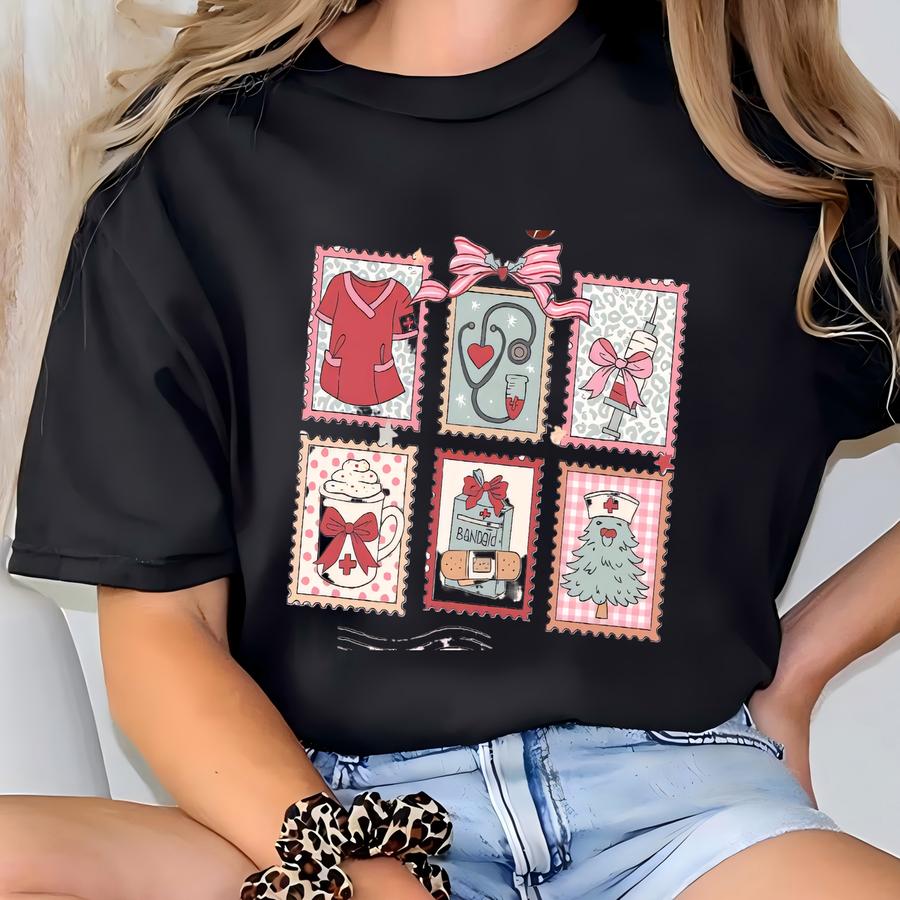 ® Coquette Nurse Christmas Shirt, Pink Holiday Tee With Postage Stamps, Cute Gift For Rn, Nursing School Shirt, Xmas Apparel T-shirt