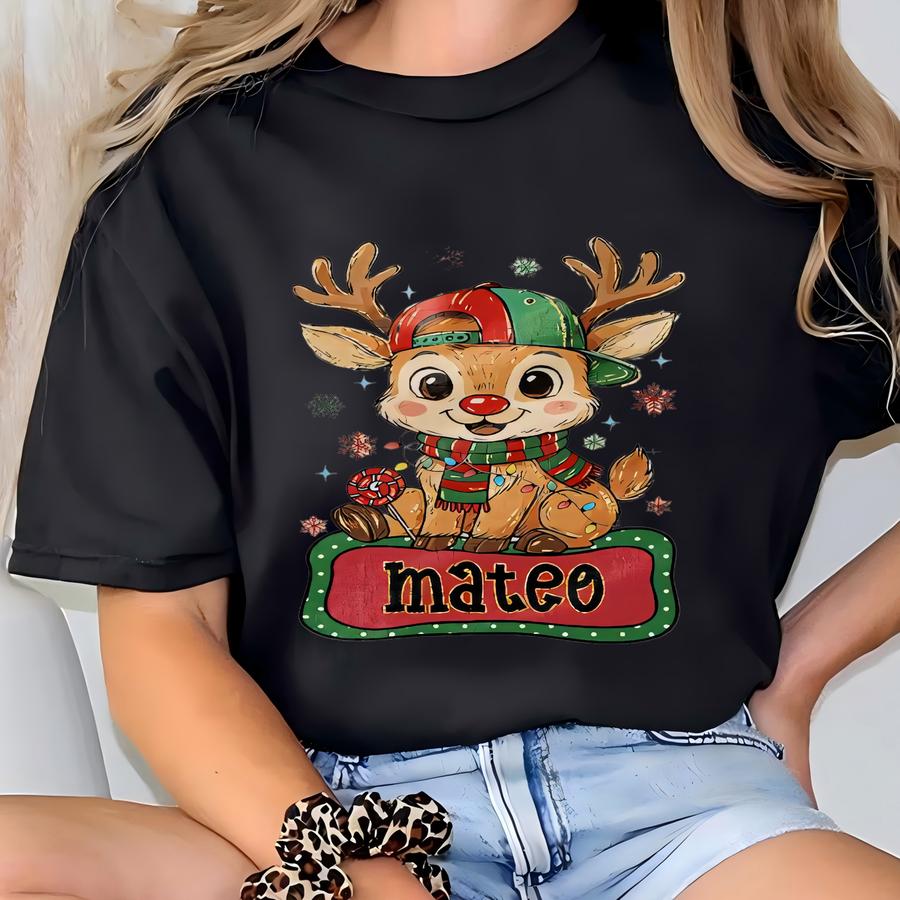 Personalized Name Reindeer Christmas Tee, Custom Merry Christmas, Kids Christmas Tee, Funny Xmas Gift, Kids Candys T-shirt
