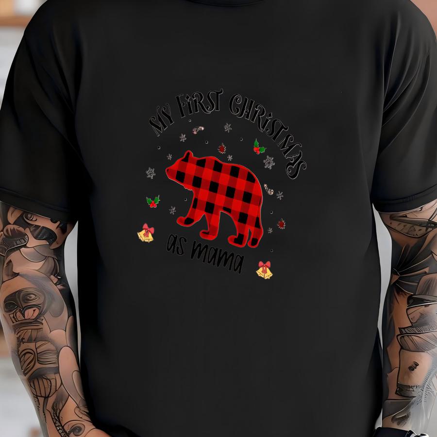 Personalized Bear First Christmas Family Shirts, Matching Buffalo Plaid Bear Shirts, First Christmas As Dad Mom Baby Shirt T-shirt