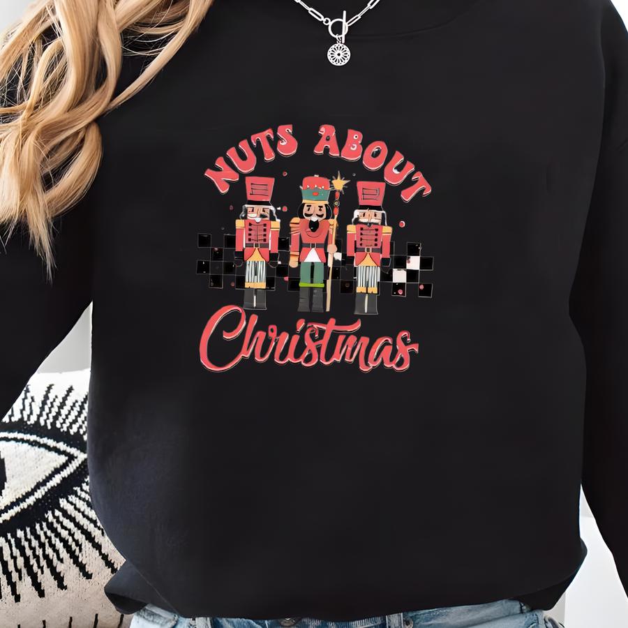 Nuts About Christmas Hoodie | Nutcracker Christmas Shirt | Groovy Holiday Sweatshirt | Retro Checkerboard Gift Tee | Retro Xmas Vibes Sweatshirt