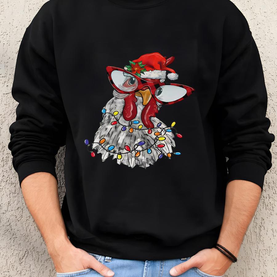 Funny Chicken Christmas Sweatshirt, Farmhouse Holiday Hen Shirt, Buffalo Plaid Chicken Crewneck, Country Christmas Gift Sweatshirt