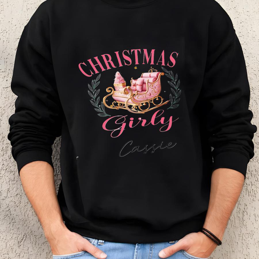 Christmas Girly Tumbler, Personalized Christmas Cup, Holiday Gift For Her, Winter Sleigh Tumbler, Custom Name Cup, Festive Drinkware Sweatshirt