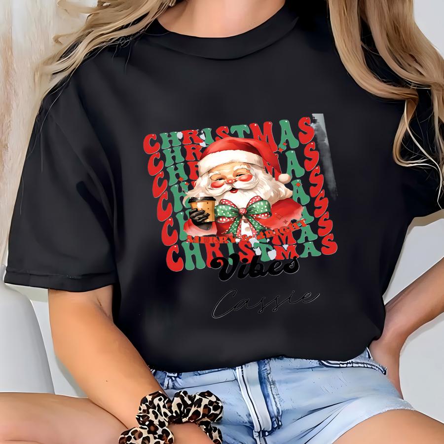 Retro Santa Christmas Vibes Tumbler, Personalized Christmas Cup, Merry And Bright Drinkware, Holiday Gift For Her, Christmas Present Idea T-shirt