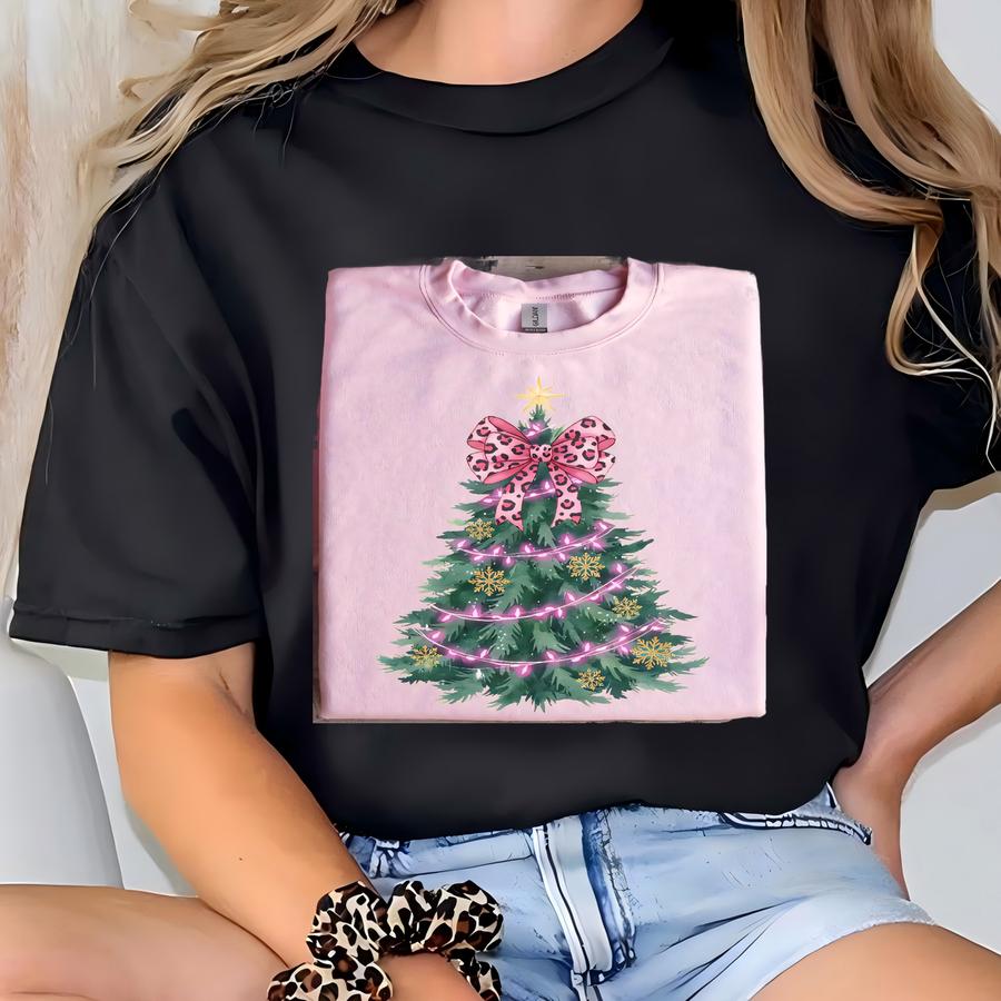 Christmas Tree Bow Sweatshirt, Christmas Leopard Print Hoodie, Christmas Tree Sweat Xmas Coquette Tee, Ribbon Tree Sweat, Trend Holiday Gift T-shirt
