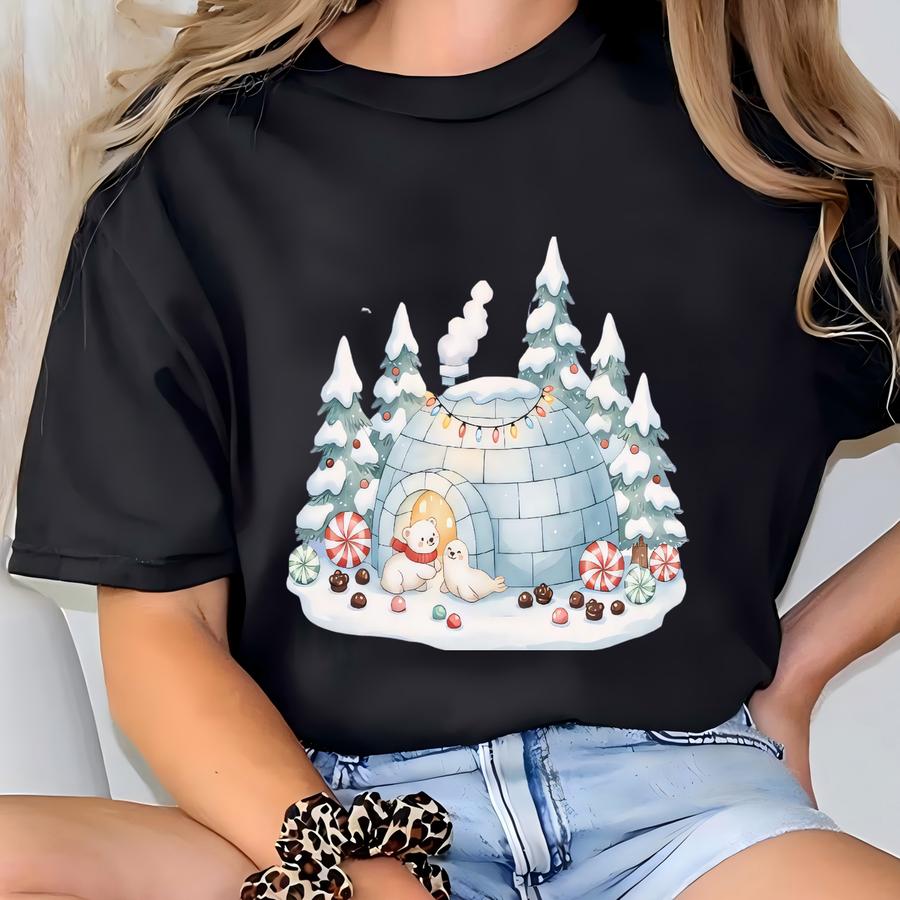 Cute Christmas Polar Bear Sweatshirt, Cute Ice Bear Home Sweater, Funny Christmas Animals, Cute Christmas House Hoodie, Holiday Retro Tee T-shirt