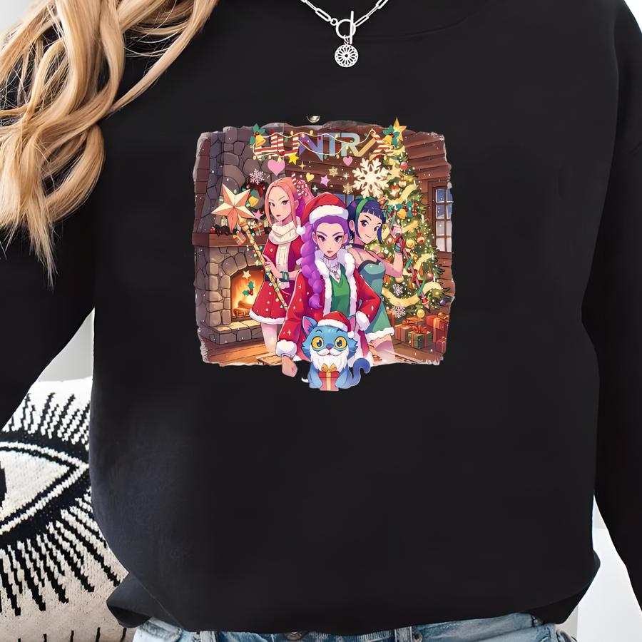Huntrix Christmas Sweatshirt,rumi Mira Zoey, Christmas Light Gift, Derpy Tiger Christmas Party Tee, Anime Christmas Sweatshirt Sweatshirt