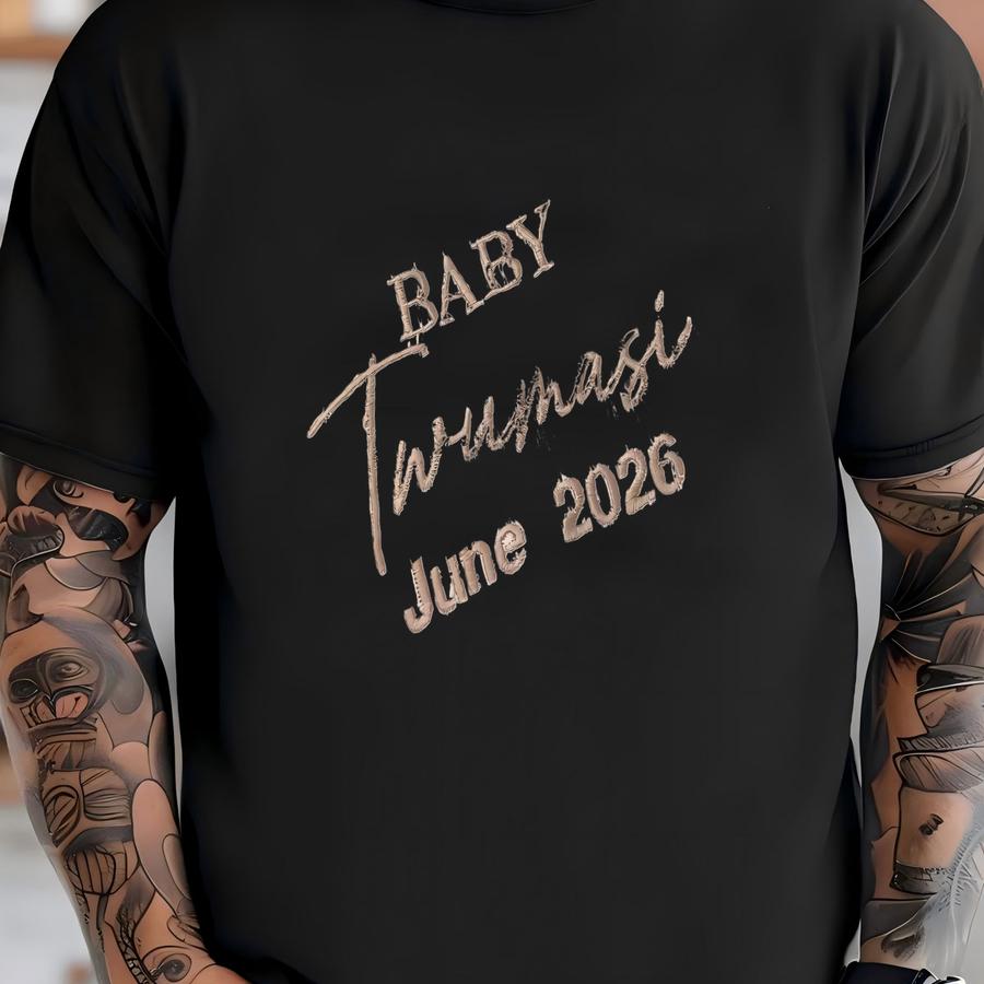 Personalized Baby Announcement • Baby Last Name Bodysuit • Custom Due Date Reveal Outfit Neutral Beige Thread On Natural T-shirt