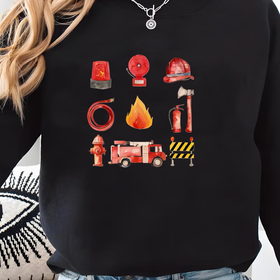 Water Color Firefighter Equipment Toddler Shirt - Fire Truck Kids Graphic Tee - Fireman Kids Shirt - Ladder Hose Siren Hat Kids Outfit Sweatshirt