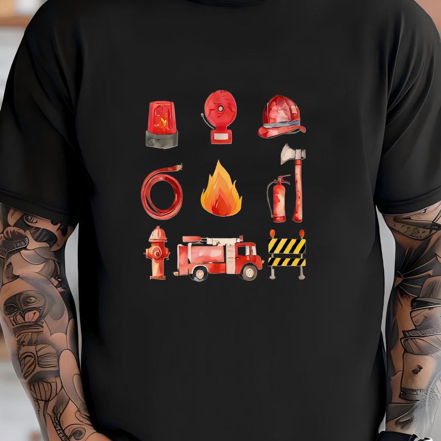 Water Color Firefighter Equipment Toddler Shirt - Fire Truck Kids Graphic Tee - Fireman Kids Shirt - Ladder Hose Siren Hat Kids Outfit T-shirt