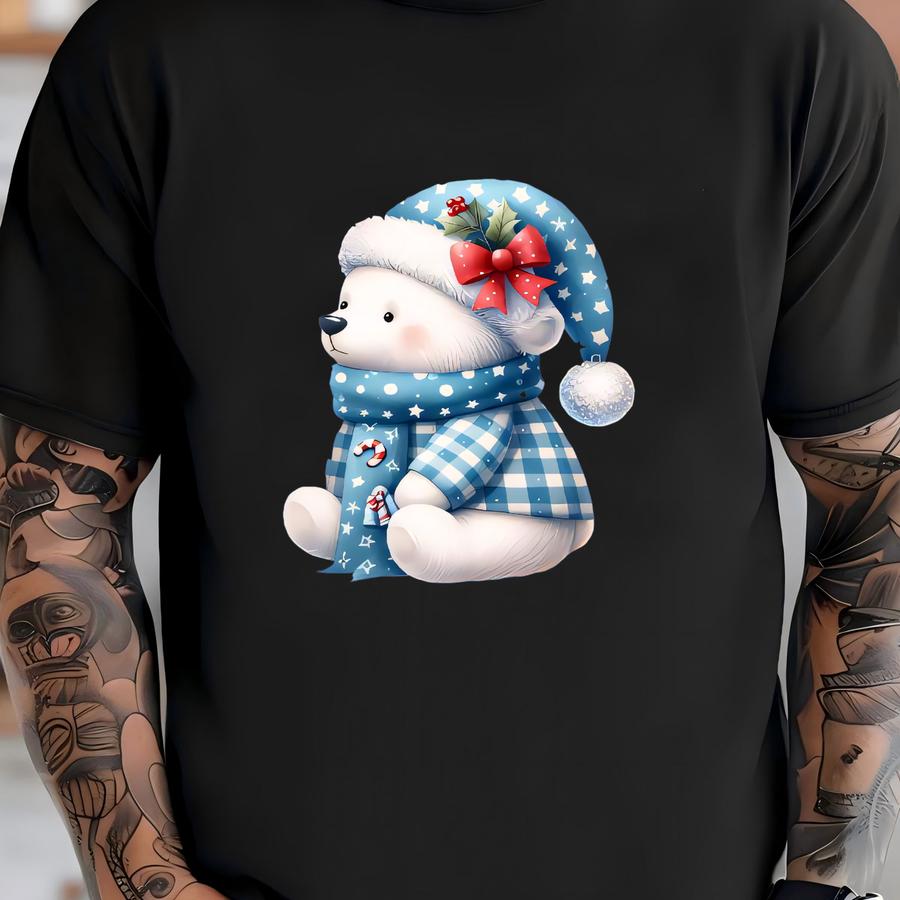 Cute Winter Polar Bear Long Sve Shirt: Christmas Bear With Santa Hat T-shirt