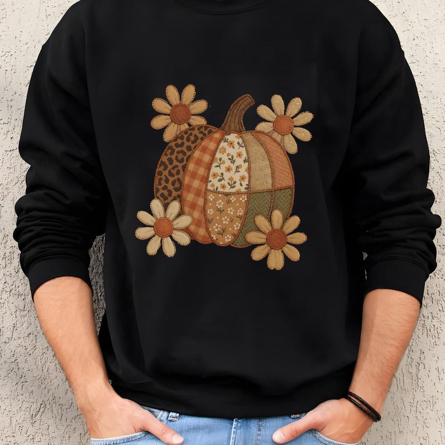 Patchwork Pumpkin Shirt: Boho Fall Graphic Tee Sweatshirt