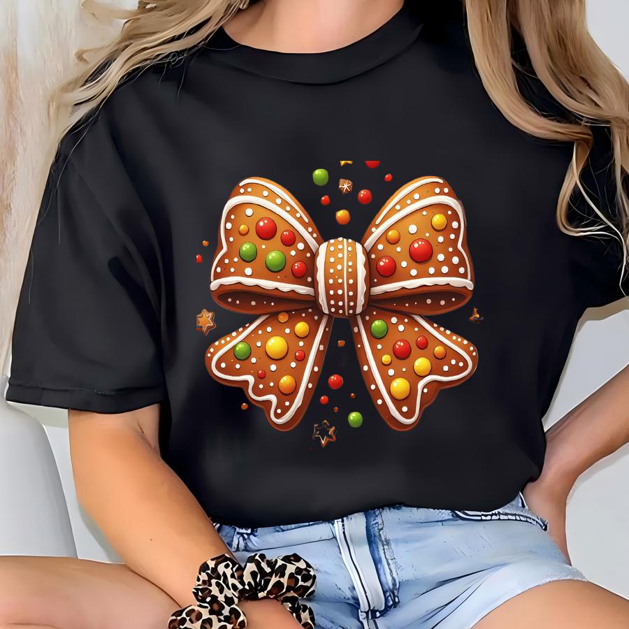 Gingerbread Coquette Christmas Bow Shirt, ® Tee, Holiday Aesthetic Top, Festive Sprinkles Tee, Coquette Christmas Outfit T-shirt