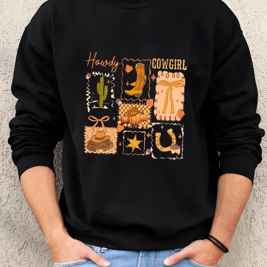 Howdy Cowgirl Fall Shirt - Western Pumpkin Sweatshirt - Autumn Rodeo Vibes Tee - Rustic Cowboy Boots Gift Sweatshirt