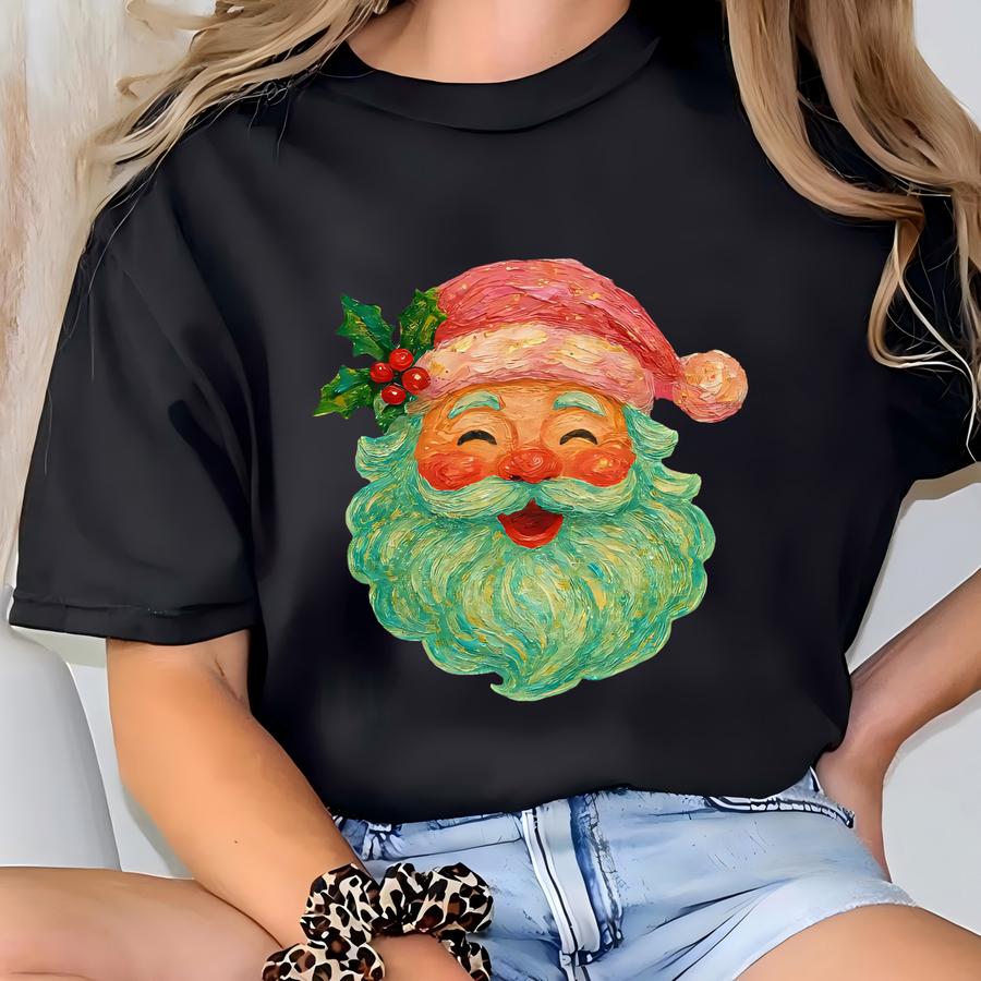 Hand Painted Retro Santa Christmas Sweatshirt, Vintage Jolly Claus Holiday Crewneck, Cute Festive Santa Claus Face Shirt, Gift Xmas Hoodie T-shirt