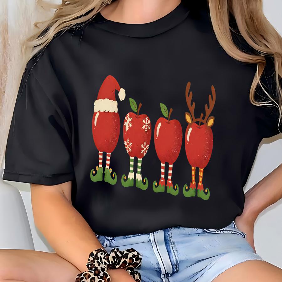 Teacher Christmas Apples Shirt, Holiday Gift For Educators, Apples Santa Reindeer Lights Tee, Festive Custom School Staff Tee T-shirt