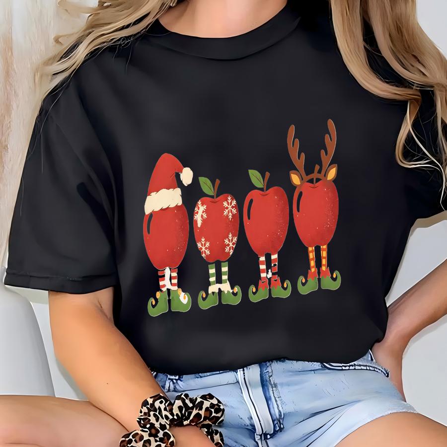 Teacher Christmas Apples Sweatshirt, Holiday Gift For Educators, Cute Elf Christmas Hoodie For Teacher, Teachers Day Gift T-shirt