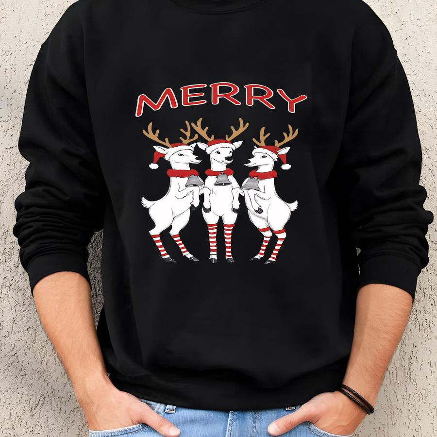 Merry Reindeer Christmas Sweatshirt Holiday Retro Hanes Ultimate Cotton Crewneck Graphic Sweatshirt