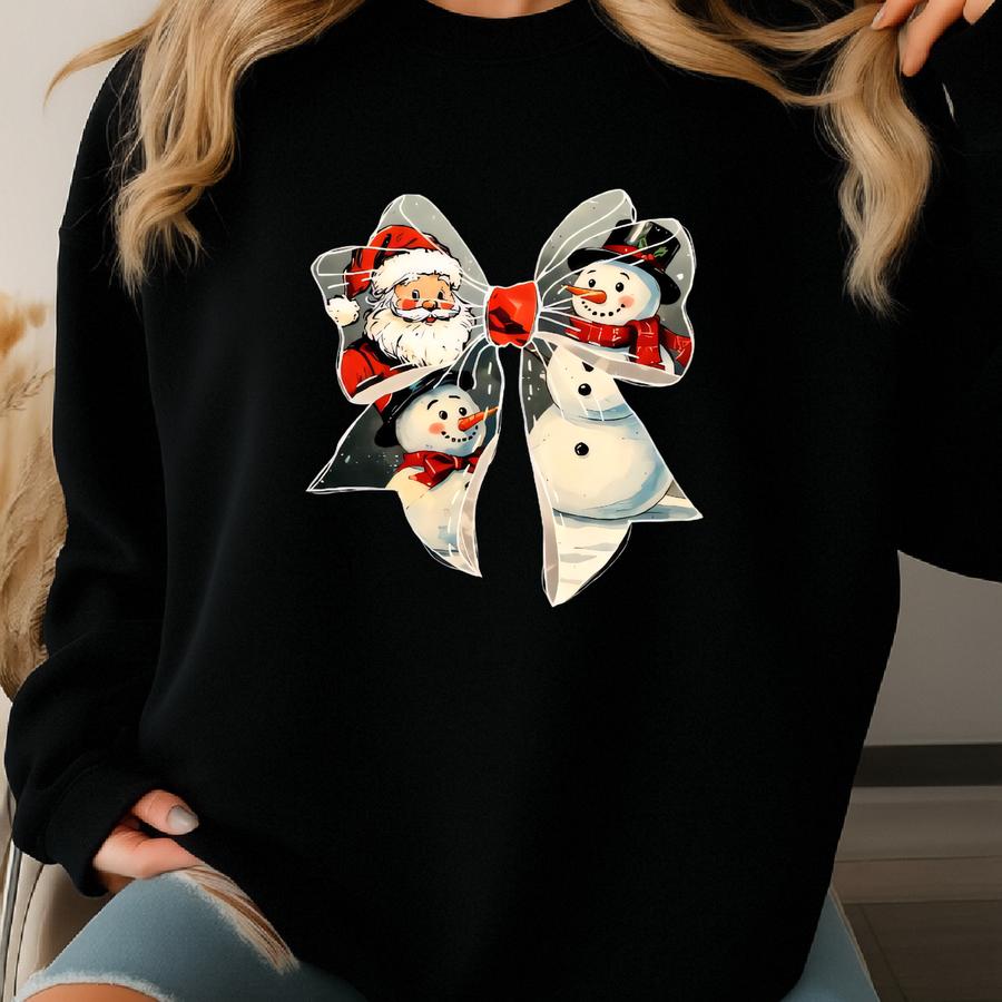 ® Vintage Retro Santa Christmas Shirt, Cute Santa Snowman With Coquette Bow, Perfect Holiday Gift For Her Sweatshirt