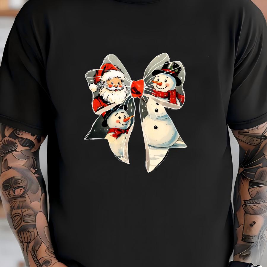 ® Vintage Retro Santa Christmas Shirt, Cute Santa Snowman With Coquette Bow, Perfect Holiday Gift For Her T-shirt