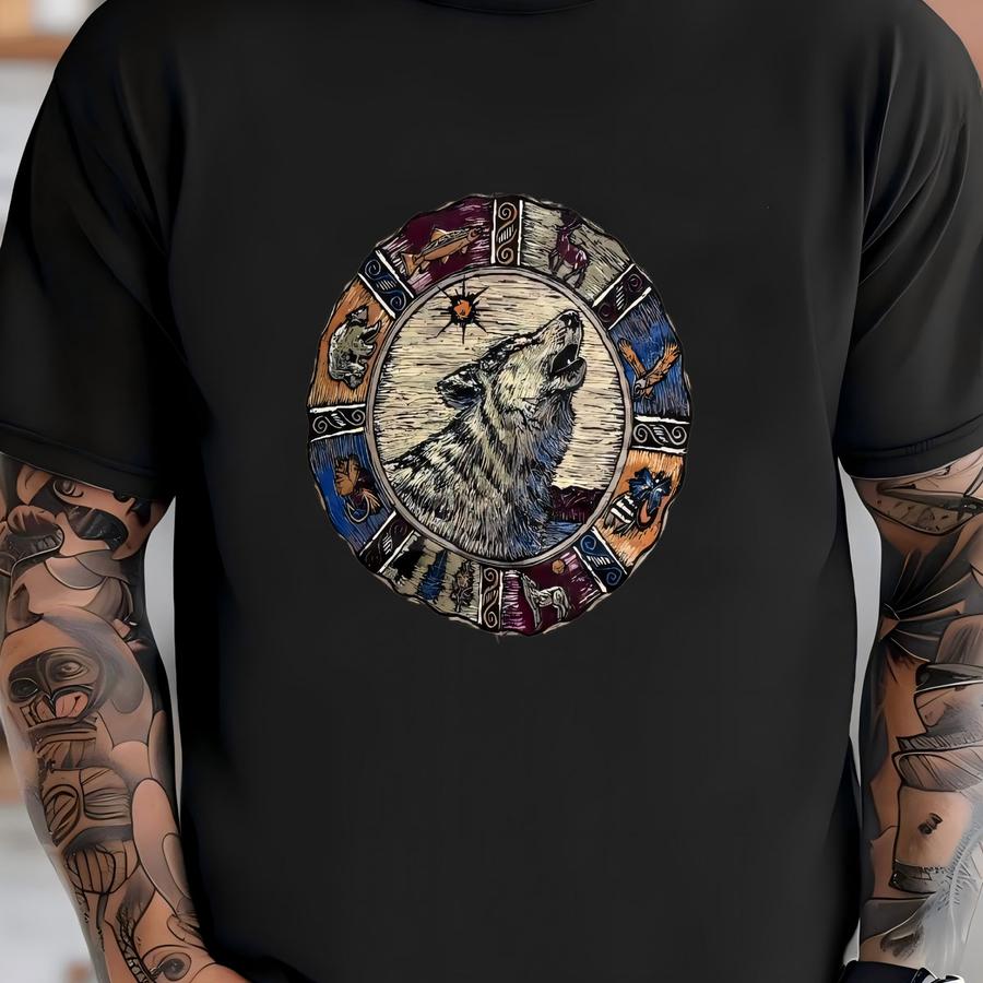 Vintage 90s Colorado Howling Wolf Hoodie Size L Animal Nature Native American Style Art Rocky Mountains Souvenir Tee Wildlife Wolfpack Moon T-shirt