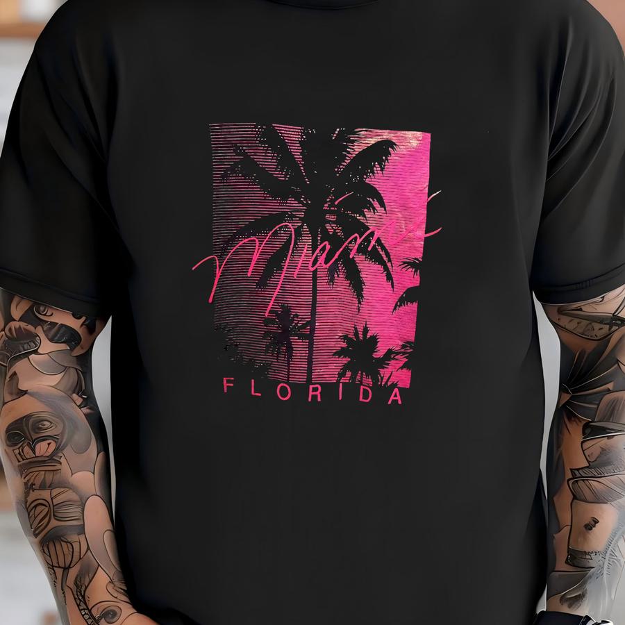 Vintage 90s Miami Florida Hoodie Size M Palm Trees Souvenir Neon Pink Sunset Beach Vacation South Beach Retro Art Deco Style Travel Gift T-shirt