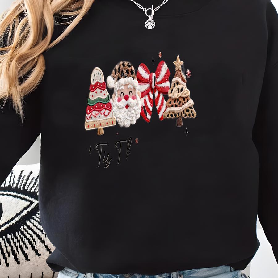 Christmas Tis The Season Shirt: Latch Hook Faux Yarn Santa Coquette Bow Tee Xmas Tree Leopard T-shirt Merry And Bright Sweatshirt